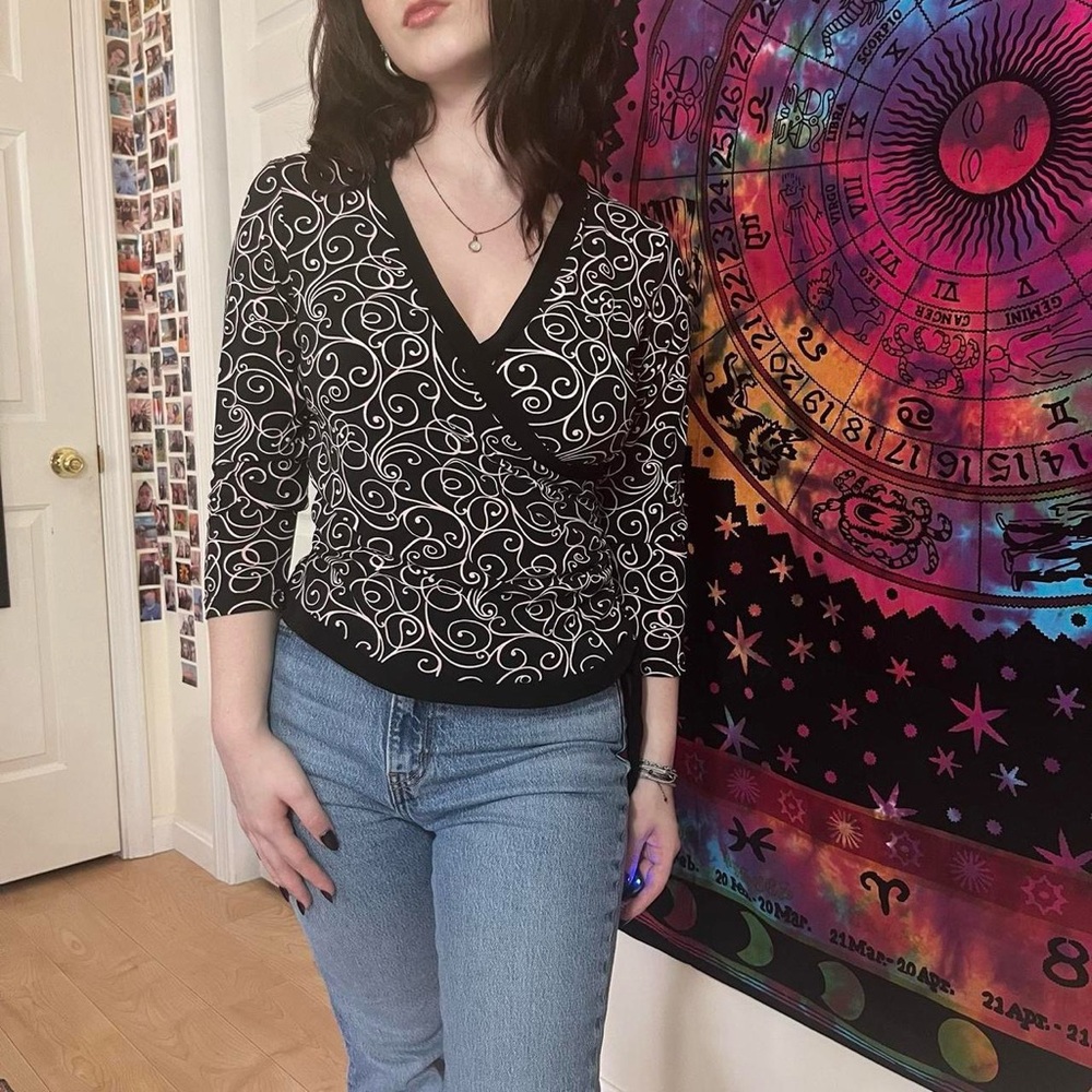 Black and pink Swirl Pattern Women's wrap Top 3 quarter sleeve 90’s business